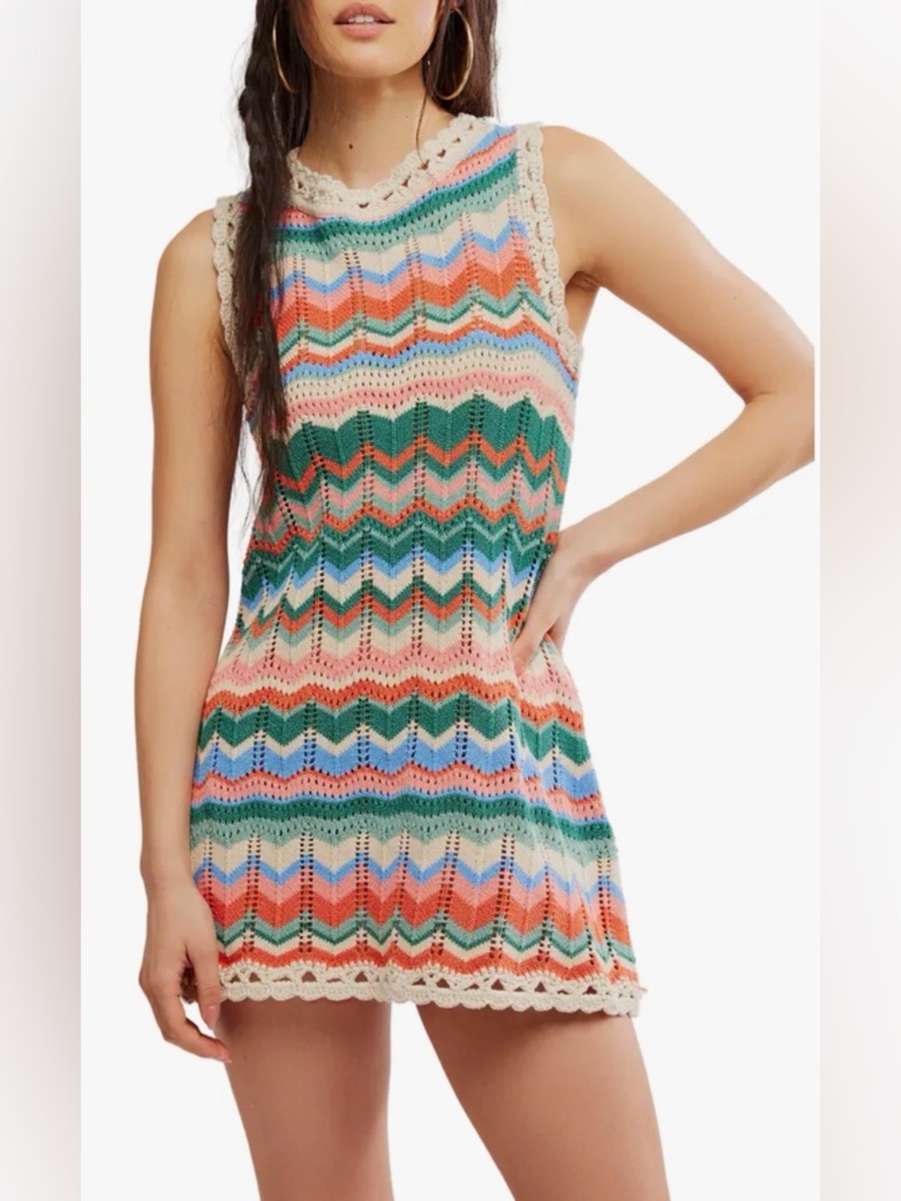 Free People Sandy Mae Crochet Minidress multicolored chevron striped pattern S